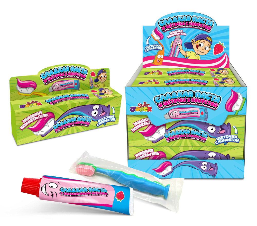 SUPER JOKER сладкая паста и щеточка с конфетой в коробке, блок 24 шт. (12гх24 штх12бл)