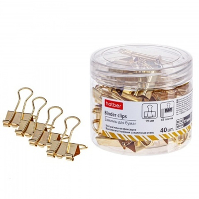 Набор Зажимы для бумаг Hatber Binder clips, 19 мм, золотистый, металл, 40 шт