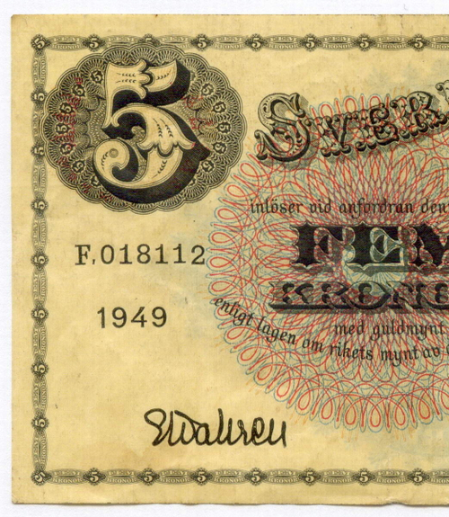 Банкнота Швеция 5 крон 1949 год F.018112. VF
