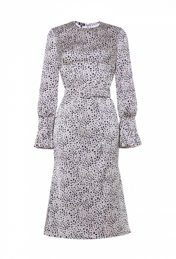 Платье шёлковое, юбка-годе серое с черным рисунком 04-03-22 SS