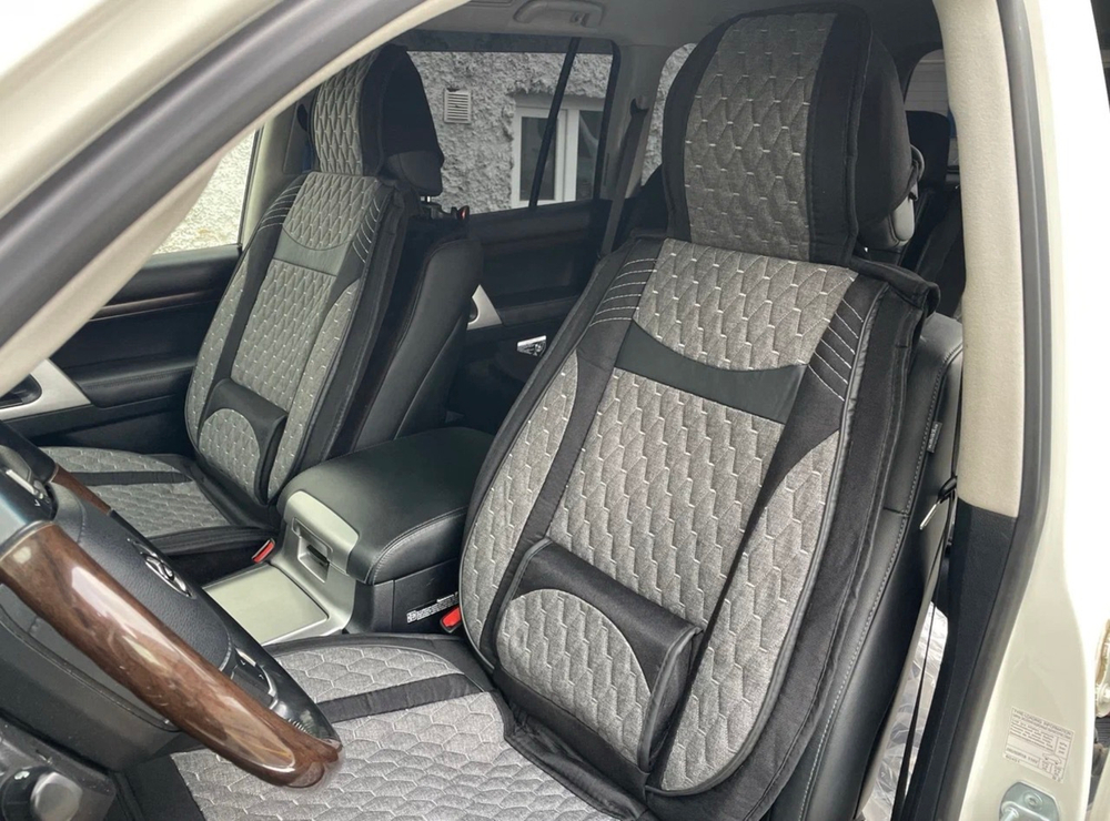 NN - 83 Ч. Белый/ Комплект чехлов на сиденья, ткань черная, строчка черная - белая, 5 предметов, серия: шарм (за комплект)