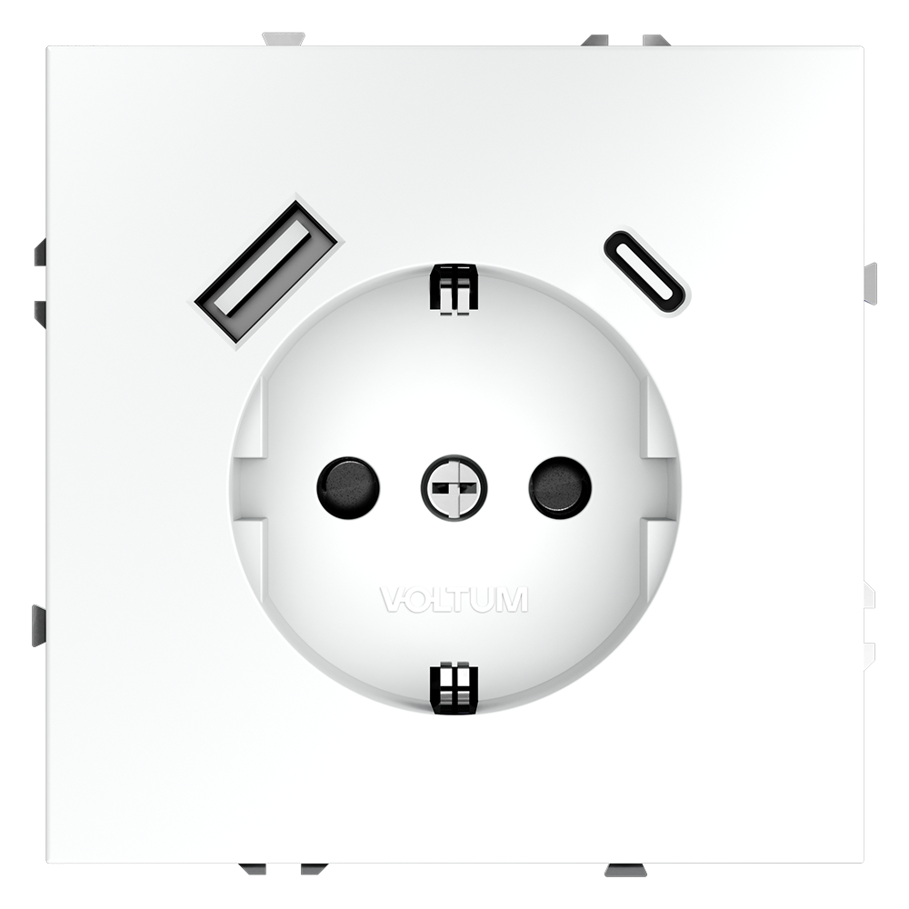 Розетка встраиваемая VOLTUM S70 с заземлением и защитными шторками, 16А, с USB, A+С, (белый матовый)
