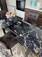 Стеклянный раздвижной стол "Черный мрамор" и стулья "ГУЧИ" коричневый