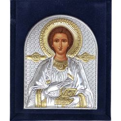Пантелеймон Целитель. Серебряная икона в бархатном футляре.