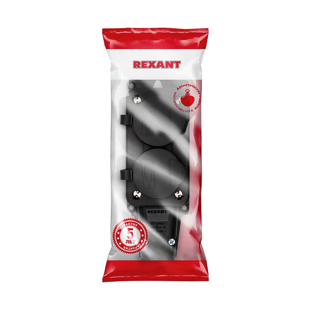 Розетка откр устан, 2 гн, с/з, 16 А, 220-250 В, каучук, IP54, чер, Rexant, 111-112