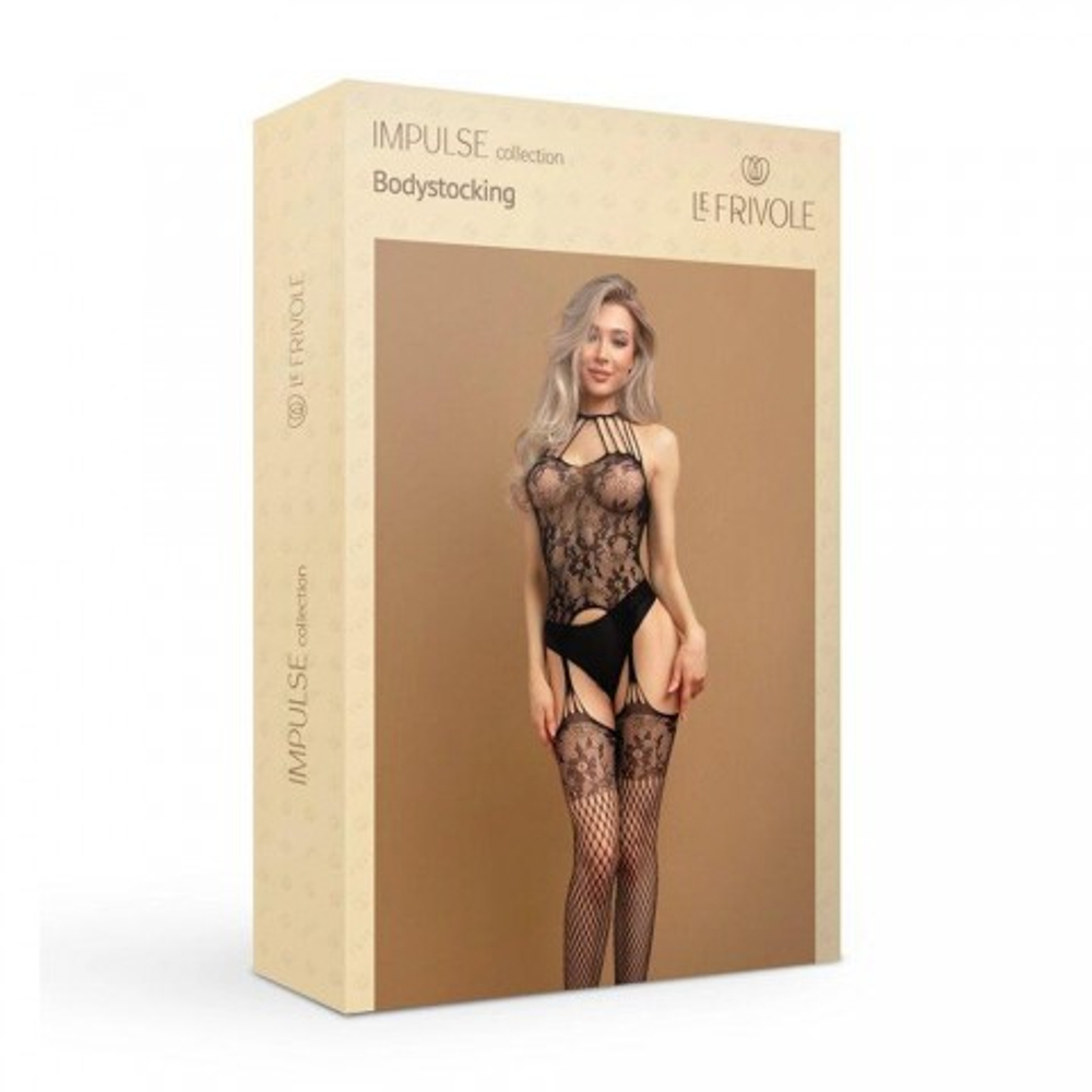 Боди-комбинезон черный с кружевом и имитацией чулок (IMPULSE) (S/XXL)
