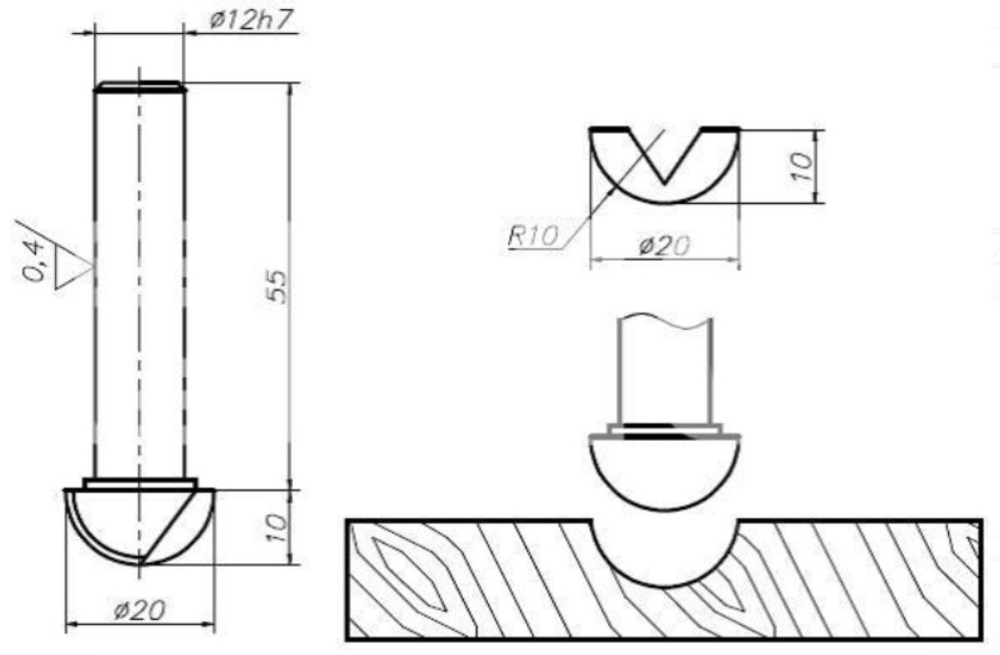 PCD концевая фреза D.20x10 R.10 S.12x55 Z3