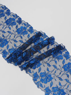 Вышивка на сетке черная с васильковым напылением и люрексом неэластичная ширина 22 см ОТРЕЗЫ