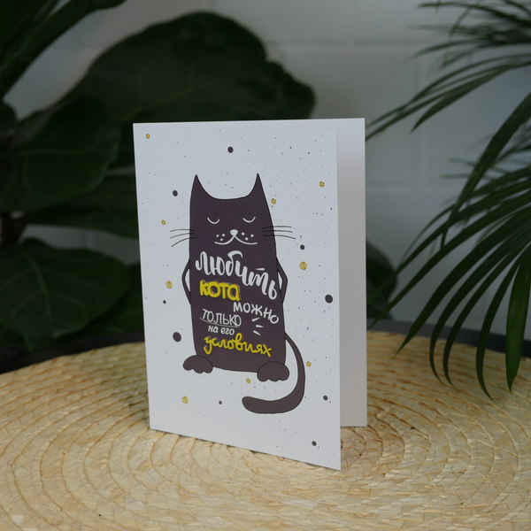 Открытка акварельная "Любить кота можно только на его условиях"