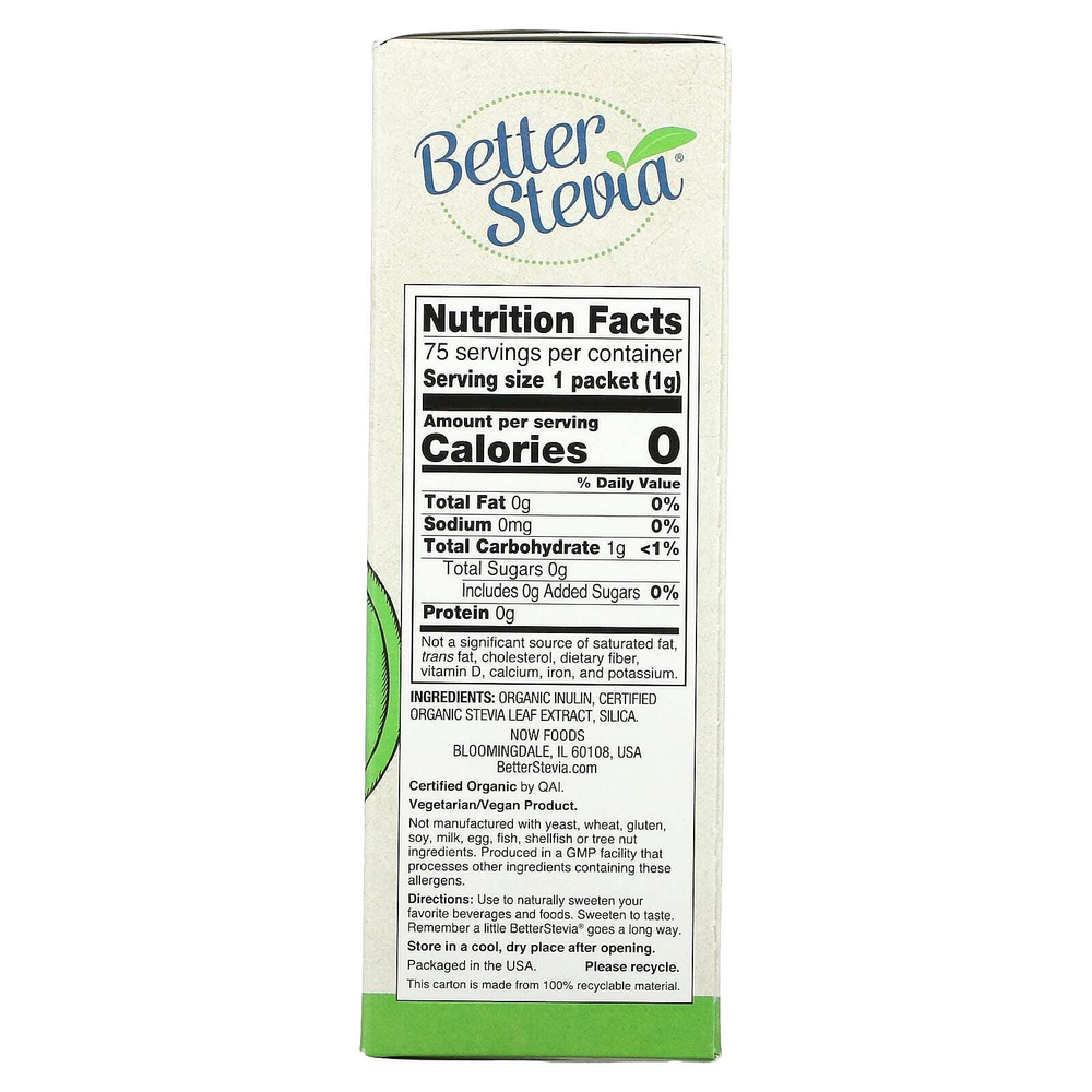 NOW Foods, Органическая продукция, BetterStevia, Некалорийный подсластитель, 75 пакетиков, 2,65 унции (75 г)