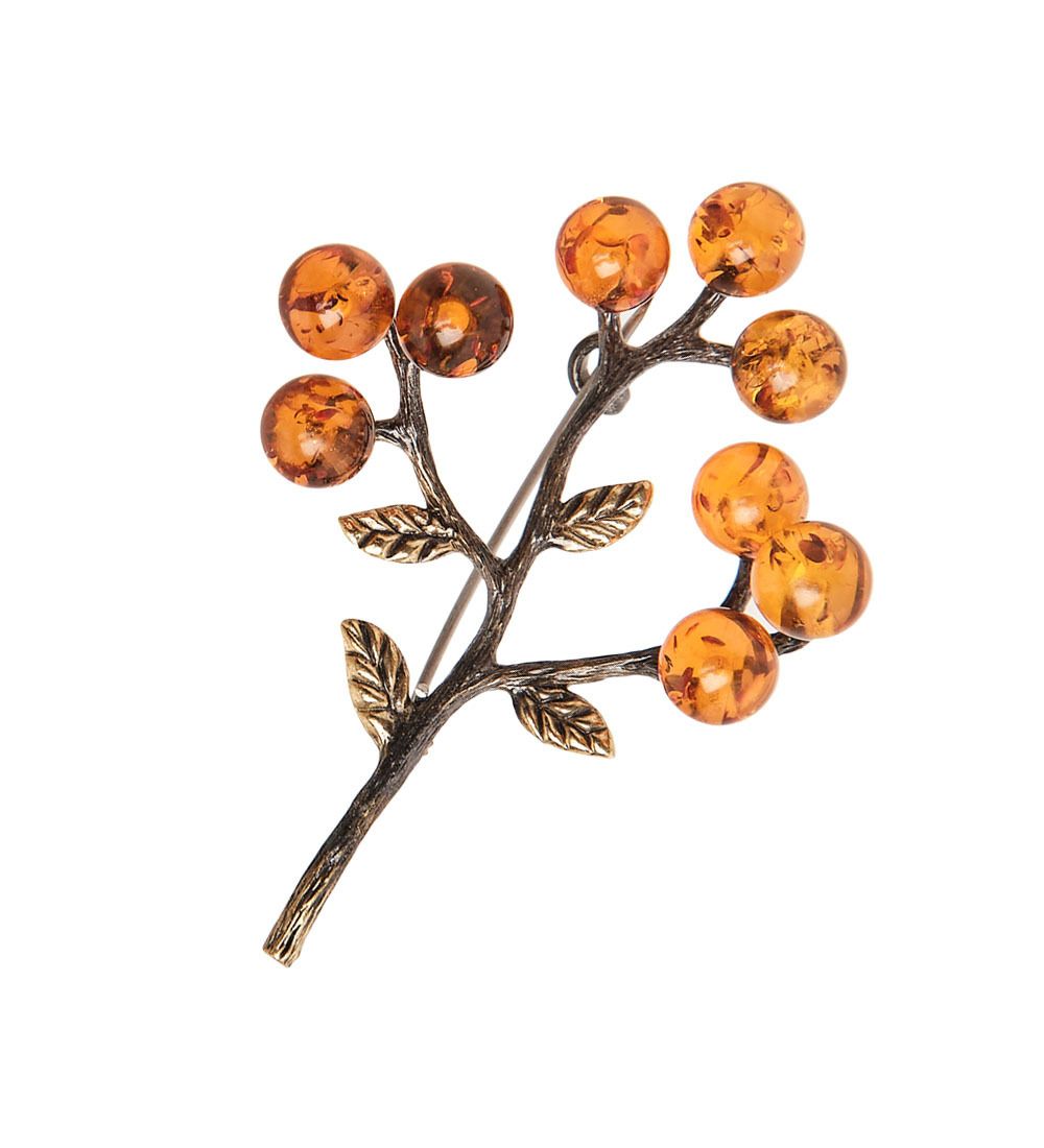 AM- 887 Брошь «Веточка Калины» (латунь, янтарь)