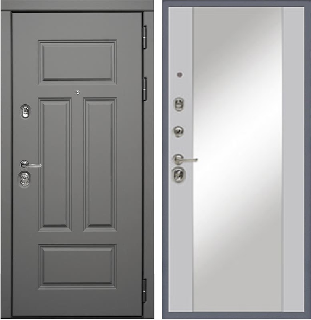 Входная дверь с зеркалом STR МХ- 29 Ясень графит / Большое зеркало Силк маус (светло-серый)