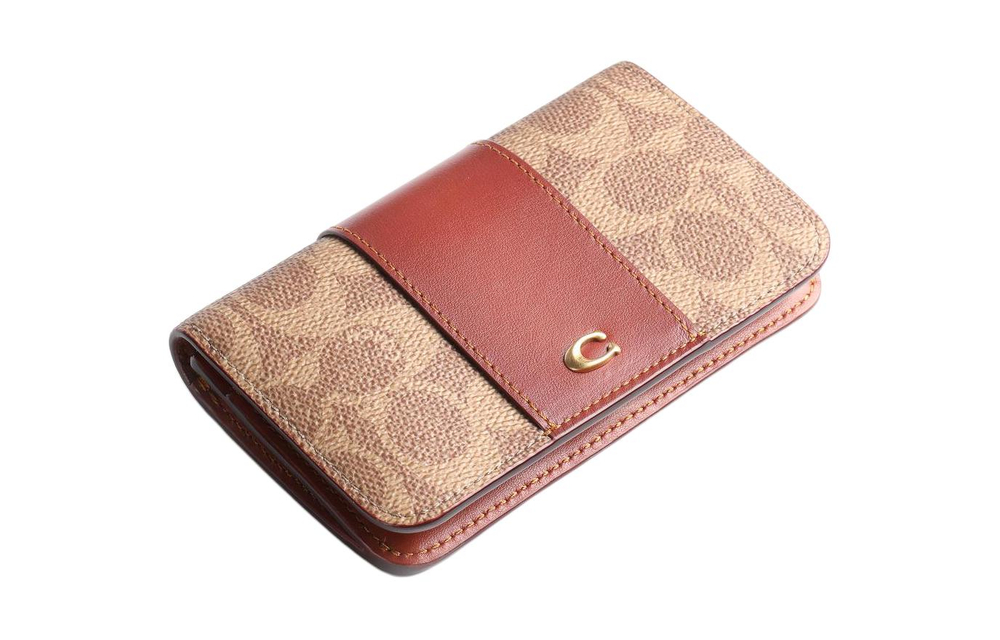 COACH Card Case Coated Canvas With Leather Wallet Women"s Brown Yellow Rusty