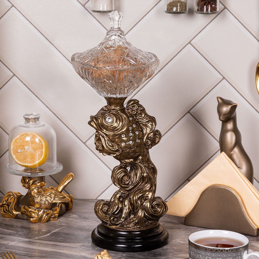 Сахарница стеклянная с крышкой Рыбка Заветное желание Золото