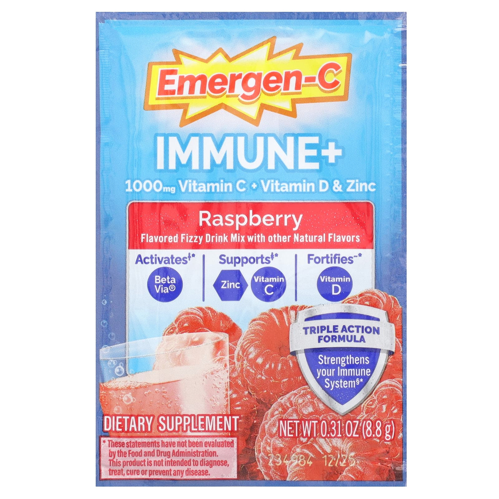 Emergen-C, Immune+, витамин C, витамин D и цинк, малина, 30 пакетиков по 8,8 г (0,31 унции)