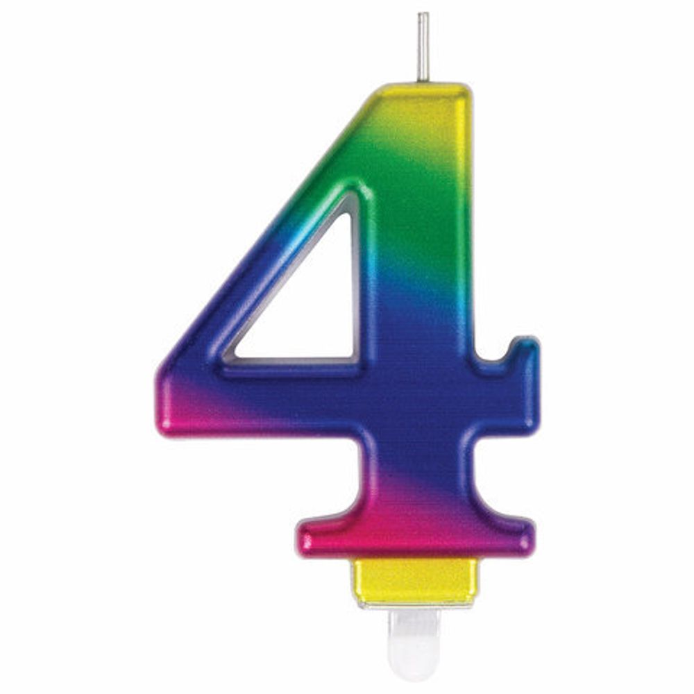 Свеча-цифра для торта "4" "Радужная", 9 см, ЗОЛОТАЯ СКАЗКА, с держателем, в блистере, 591437