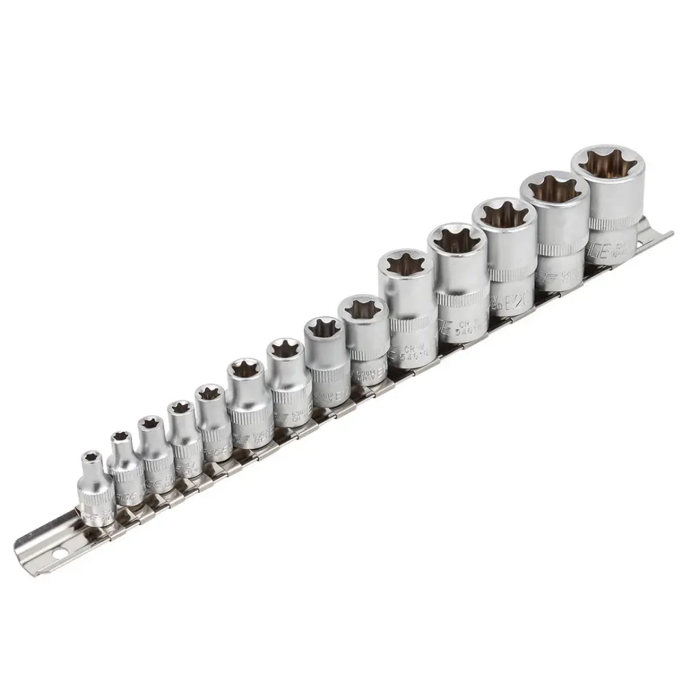 Набор головок Е-профиль 15пр. 1/4''&amp;3/8''&amp;1/2''(1/4''Е4-Е8,3/8''Е10-Е14,1/2''Е16-Е24) на планке Forsage F-4158