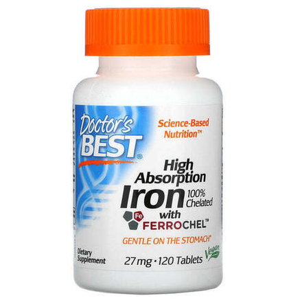 Doctor's Best, Железо, High Absorption Iron with Ferrochel 27 mg, 120 таблеток