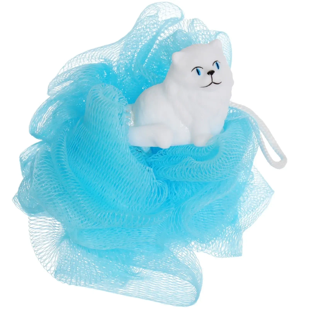 Мочалка-шар для тела полипропиленовая детская «Baby Boom - Котик Томас», цвет голубой, 20гр, d-11см