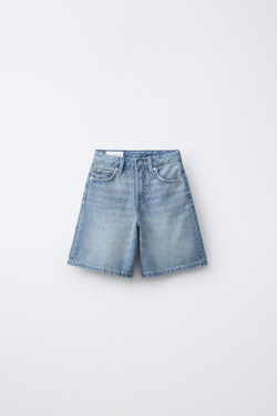 ZARA ДЛИННЫЕ ДЖИНСОВЫЕ ШОРТЫ СО СТРАЗАМИ, СИНИЙ