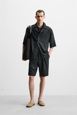 ZARA ШОРТЫ ОВЕРСАЙЗ ИЗО ЛЬНА И ВИСКОЗЫ, ЧЕРНЫЙ