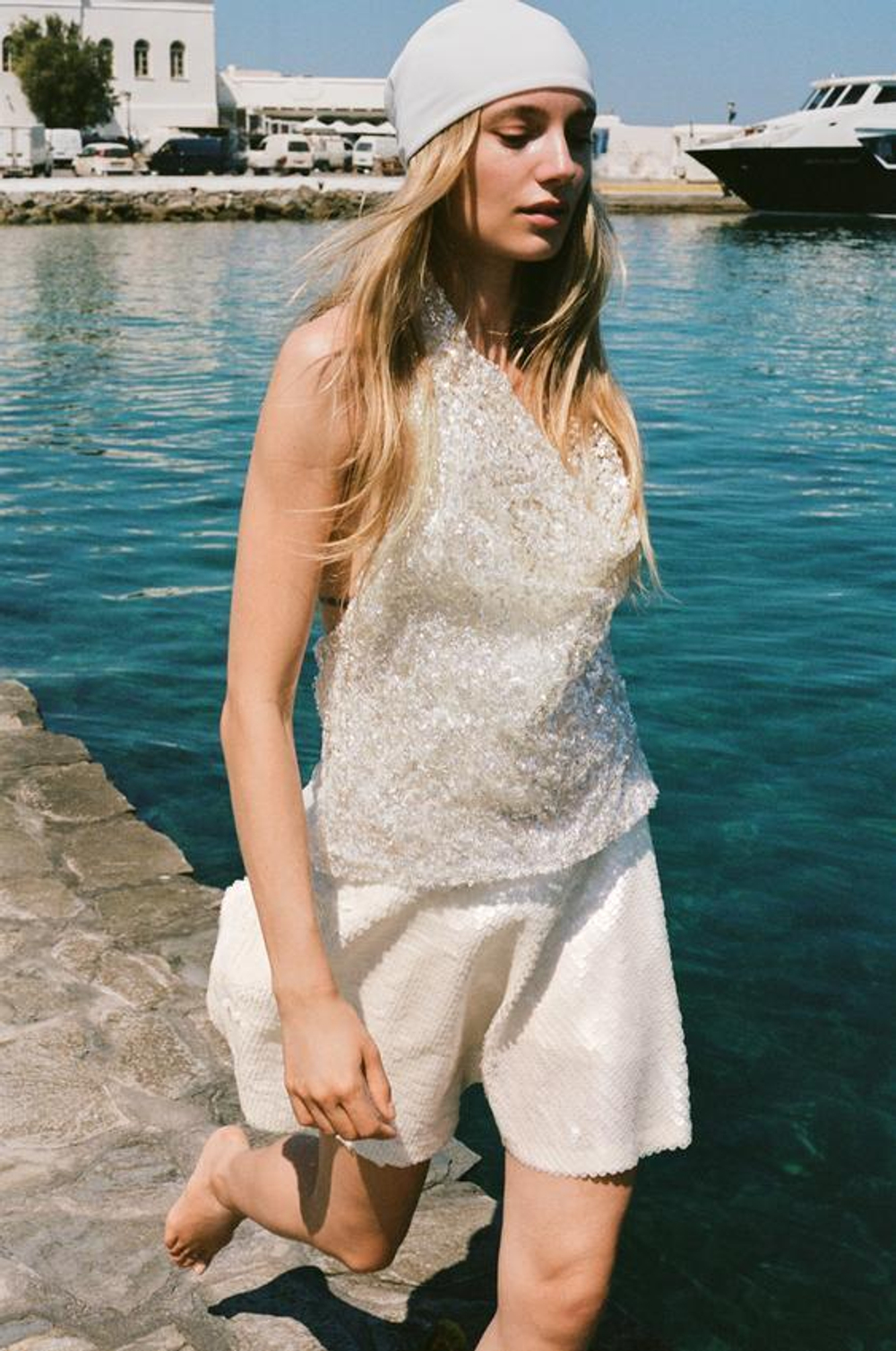 ZARA МИНИ-ЮБКА-ШОРТЫ С ПАЙЕТКАМИ, ЖЕМЧУЖНЫЙ / БЕЖЕВЫЙ