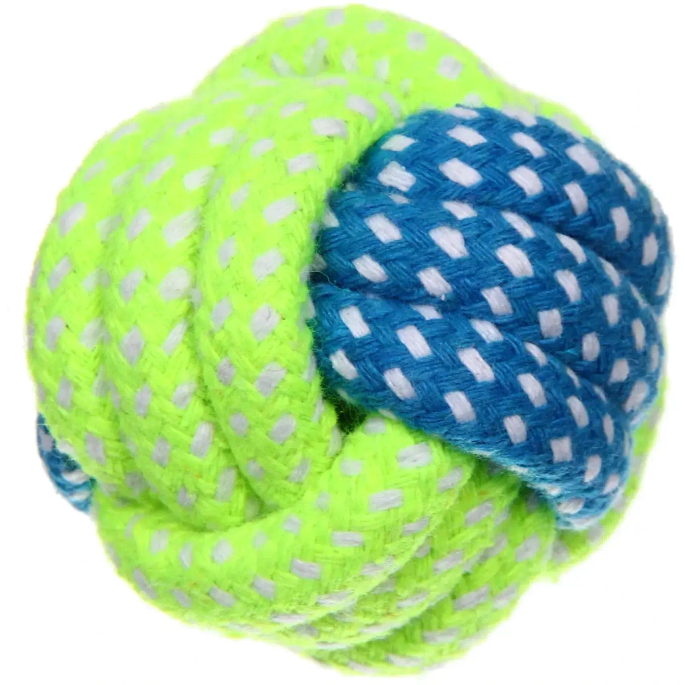 Игрушка - мячик для собак средних и мелких пород «КАНАТНЫЙ ИГРУЛИК», желтый/синий, d-6см (лейбл)