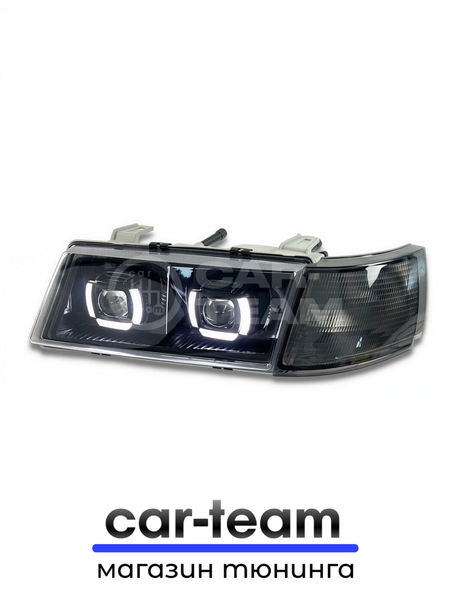 Фары ВАЗ 2110, 2111, 2112 передние с белыми галочками в стиле BMW ver 2.0 c Bi LED модулями, черная маска, тонированные поворотники