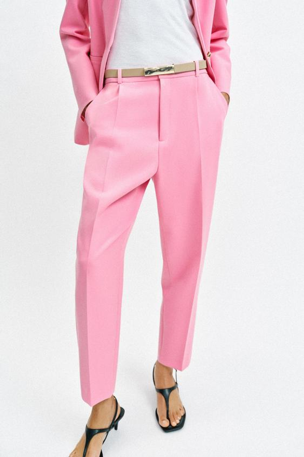 ZARA ПРЯМЫЕ БРЮКИ С ПОЯСОМ, РОЗОВЫЙ