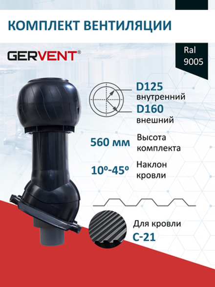 Готовый комплект изолированный серия Static (колпак): PROF-21, Ø 125/160 мм, RAL9005, Gervent