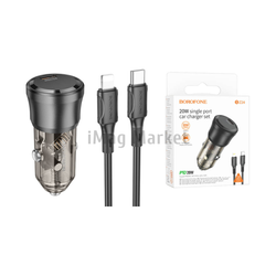 Автомобильное зарядное устройство Borofone BZ24, 1 USB-C, 20W, 3A + кабель Lightning, 1 м, черный прозрачный