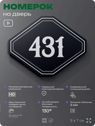 Номерок на дверь квартиры 431, для кабинета, офиса, шильдик 9 х 7 см, черный, Айдентика Технолоджи