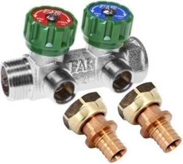 Коллектор FAR 3/4"x1/2"-2 выхода «плоское уплотнение» + Переходник Rehau 16-G 1/2" MX (2 шт.)