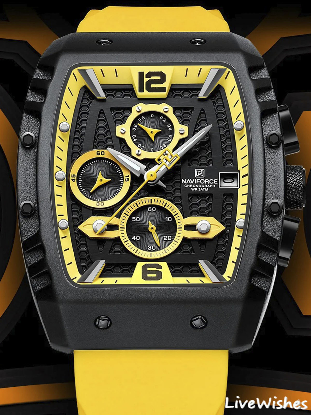 Часы наручные кварцевые NAVIFORCE на силиконовом ремешке, черный/желтый W8830-03