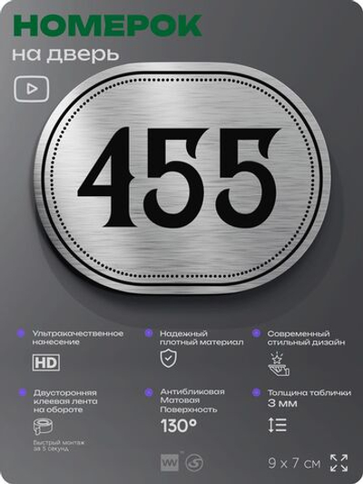 Номерок на дверь квартиры 455, для кабинета, офиса, шильдик 9 х 7 см, брашированная сталь, Айдентика Технолоджи