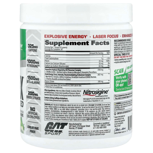 GAT, Sport, NITRAFLEX® Advanced, предтренировочный комплекс, со вкусом зеленого яблока, 285 г (10,1 унции)