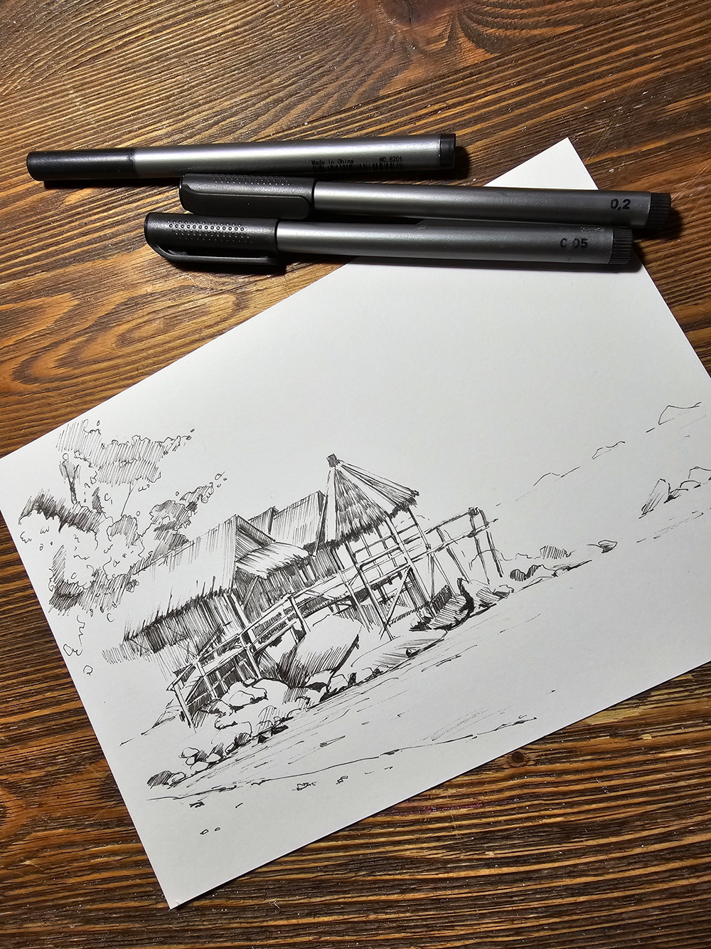 Картина, графика в паспарту 21х30 см на стену для интерьера "Хижины на сваях"