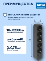 Сетевой фильтр Intro SFE550-B с базовой защитой с заземлением с выключателем 5 розеток 5м 10А черный / удлинитель сетевой 5м