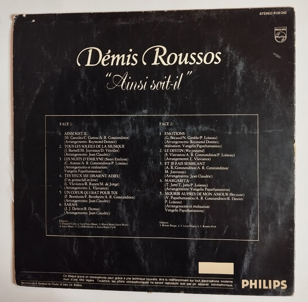 Винтажная виниловая пластинка LP Demis Roussos Ainsi Soit-il (India 1978)