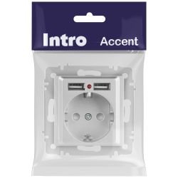 Розетка Intro Accent 6-410-03 , P+E Schuko со шторками, 16А-250В + 2хUSB, IP20, СУ, алюминий