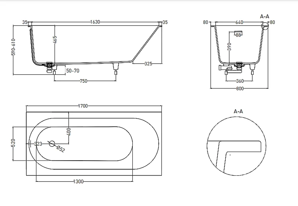 Ванна Salini Ornella AXIS Kit S-Sense 170x80 102414G белая