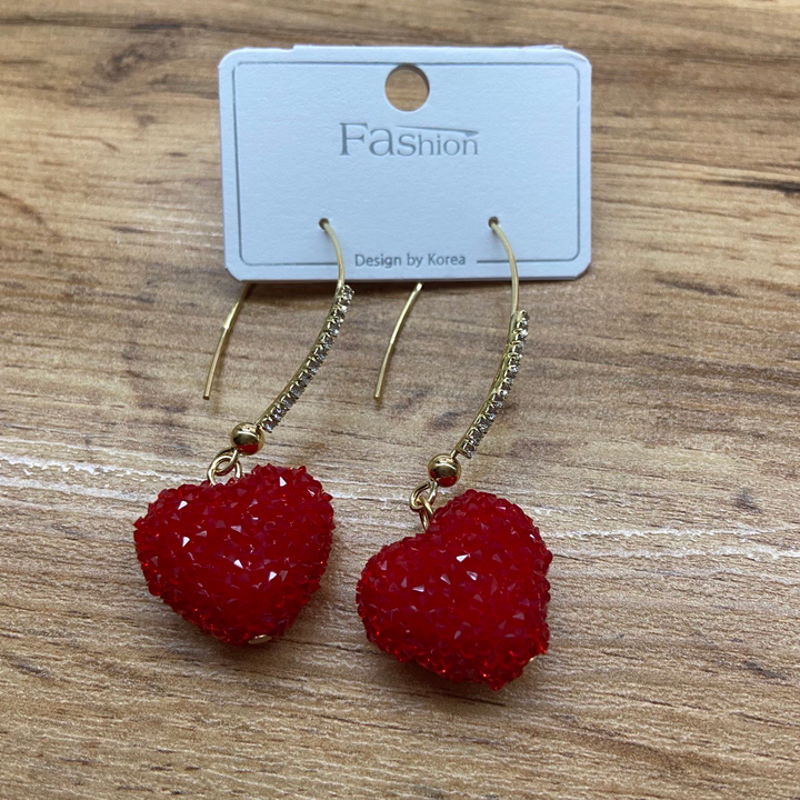 Серьги-петля подвеска Красное сердце стразы металл золотистый