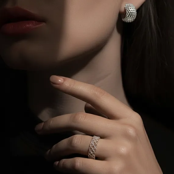Серьги и кольцо Сетка из серебра 925 пробы, комплект, фото 1
