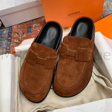 Мужские мюли Hermes Go Mule в коричневом цвете из замши