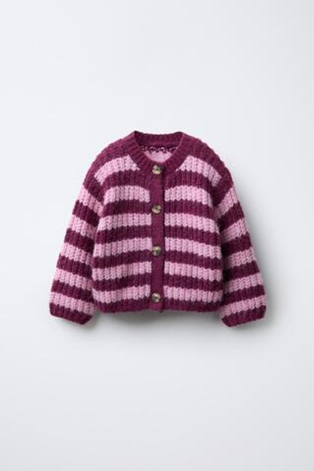 ZARA КАРДИГАН ГРУБОЙ ВЯЗКИ В ПОЛОСКУ, РОЗОВЫЙ