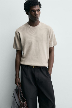 ZARA ФУТБОЛКА ПЛАТОЧНОЙ ВЯЗКИ, ЖЕМЧУЖНО-СЕРЫЙ