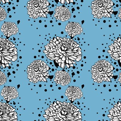 Узор с белыми пионами и черным контуром на голубом фоне