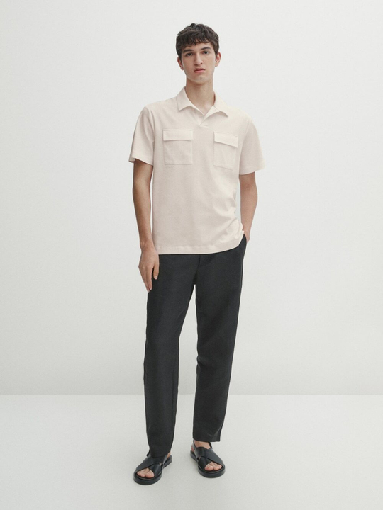 Massimo Dutti Хлопковая рубашка-поло с короткими рукавами и карманами, натуральный, кремовый