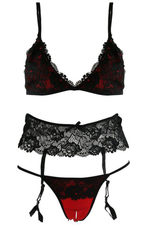 Изысканный комплект 3 PC STRAPPY LACE GARTER SET WITH CROTCH (Размер: S-M) (Цвет: красный с черным)