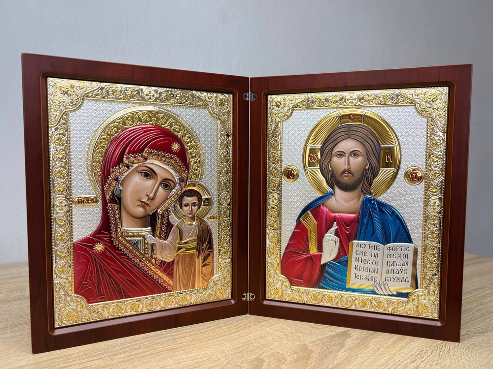 Складень, Казанская БМ, Молитва, икона прямоугольная, красное дерево, эмаль 235x370